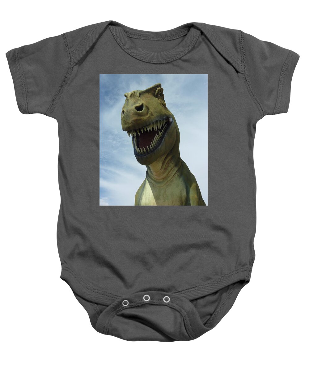 Dinosaur Baby Onesie featuring the photograph T-Rex Says Hi by Melisa Elliott