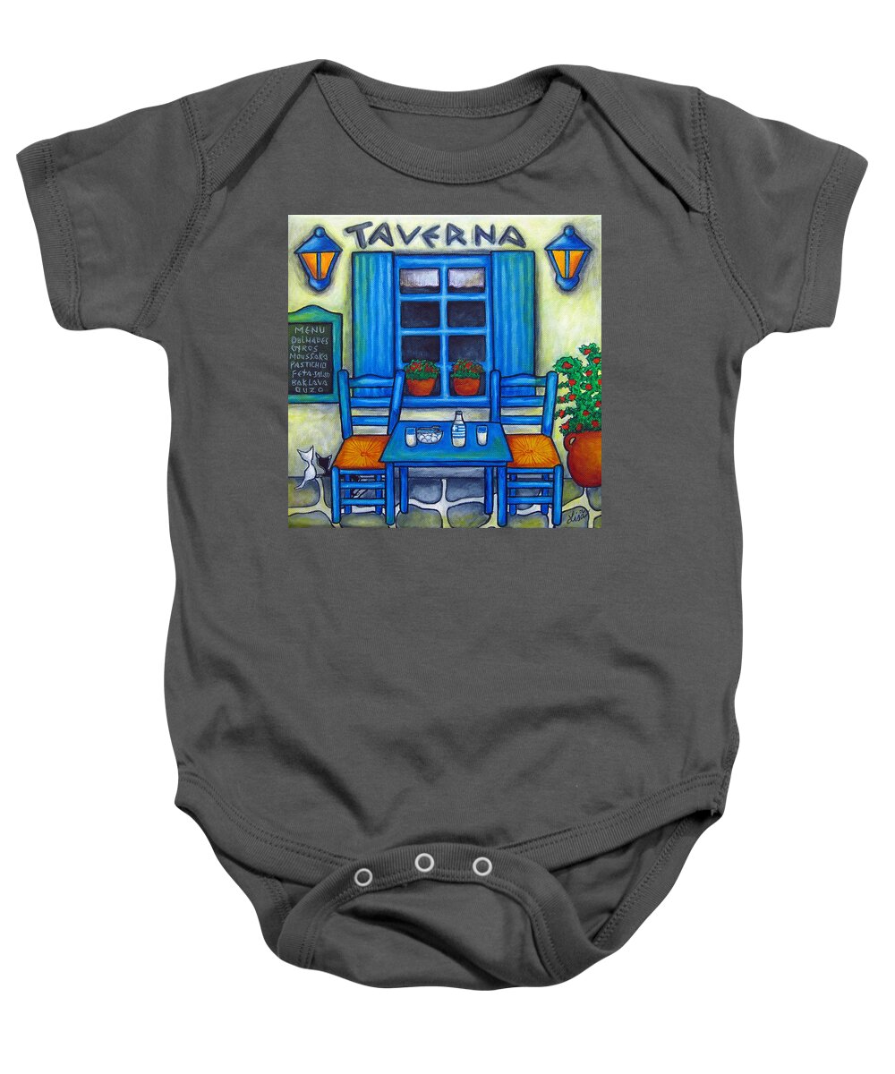 Blues Baby Onesie featuring the painting Table for Two in Greece by Lisa Lorenz
