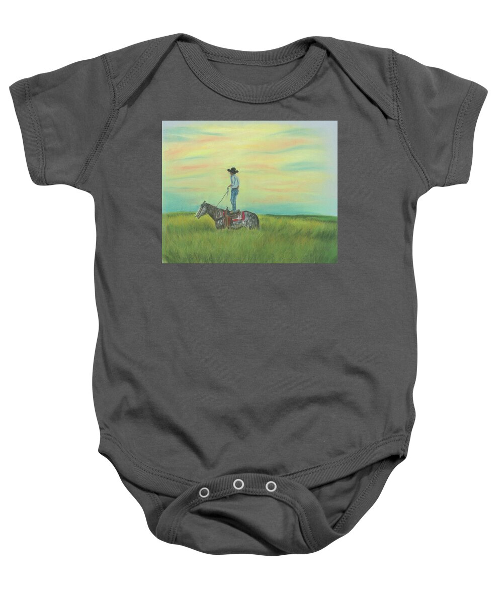Horse Baby Onesie featuring the pastel Tall in the Saddle by Sheila Johns