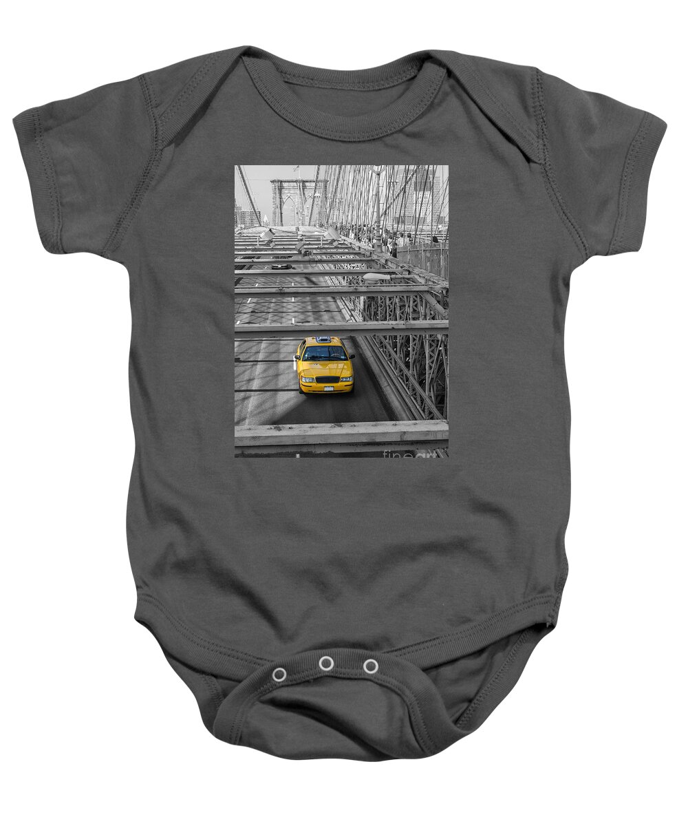 Cab Baby Onesie featuring the photograph Taxi on the Brooklyn bridge by Patricia Hofmeester