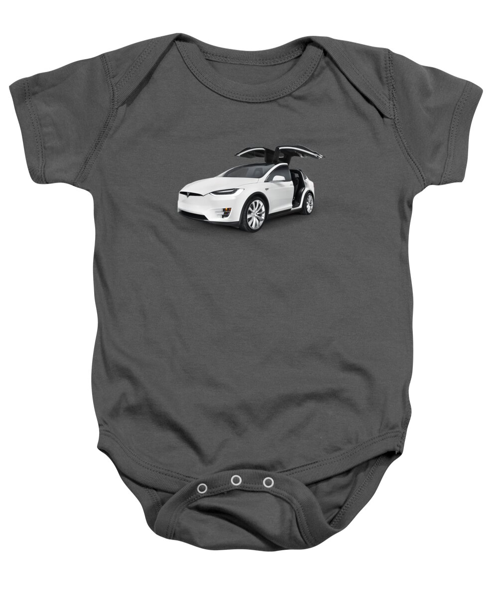 Tesla Baby Onesie featuring the photograph Tesla Model X luxury SUV electric car with open falcon-wing doors art photo print by Maxim Images Exquisite Prints