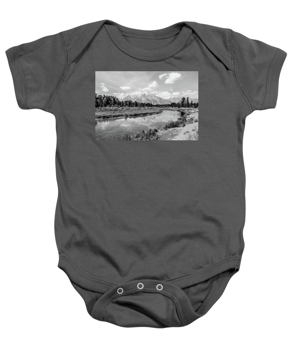 Grand Tetons Baby Onesie featuring the photograph Tetons at Schwabacher Landing Monochrome by Margaret Pitcher
