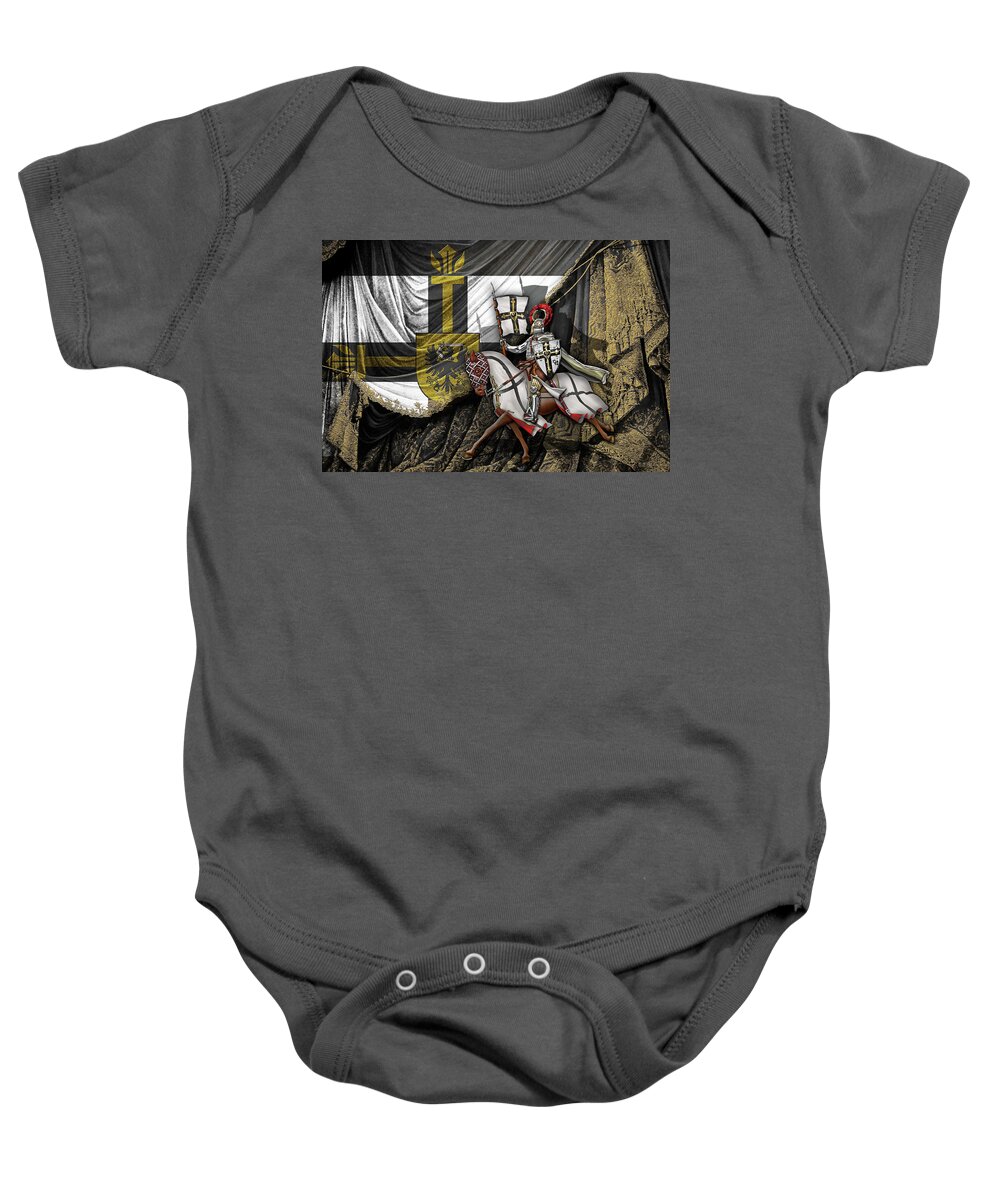 'ancient Brotherhoods' Collection By Serge Averbukh Baby Onesie featuring the digital art Teutonic Knight Rider on Horseback in front of the Teutonic Flag. by Serge Averbukh