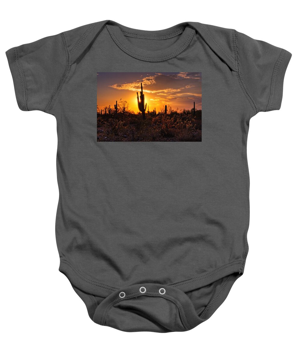 Saguaro Sunset Baby Onesie featuring the photograph That Golden Desert Light by Saija Lehtonen