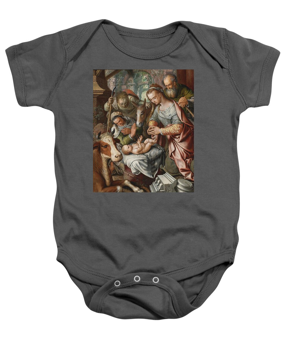 Joachim Beuckelaer Baby Onesie featuring the painting The Adoration of the Shepherds by Joachim Beuckelaer
