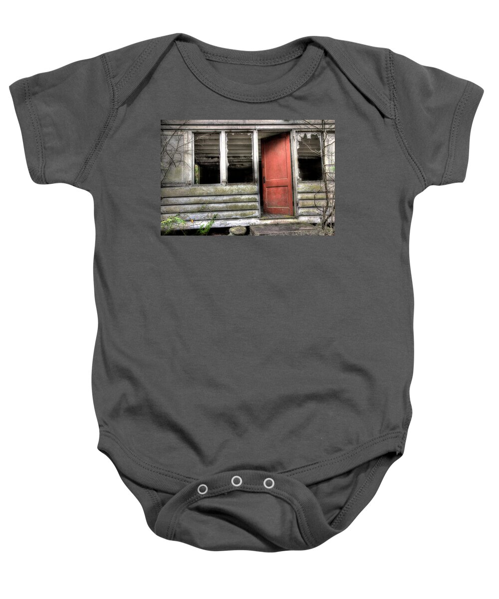 Abandoned Home Baby Onesie featuring the photograph The Back Door by Mike Eingle