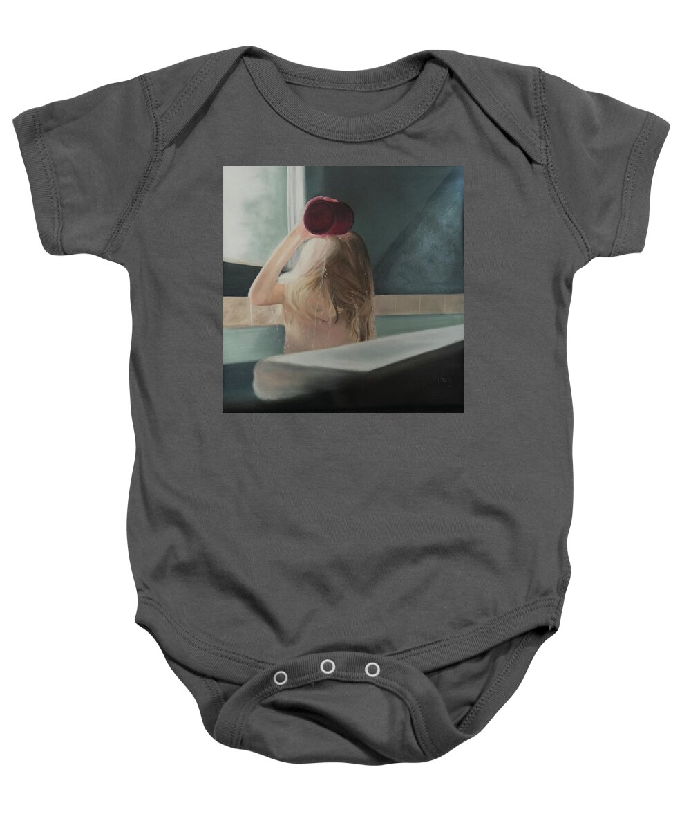 Child; Water; Bathing; Tub; Contemplation; Hair; Pouring Water Baby Onesie featuring the painting The Bath by Marg Wolf