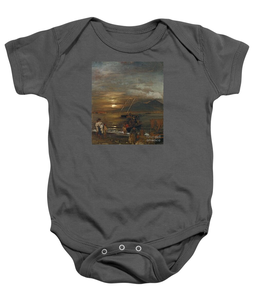 Oswald Achenbach Baby Onesie featuring the painting The Bay Of Naples In The Moonlight by MotionAge Designs