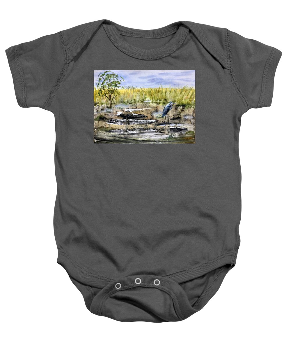 Bird Baby Onesie featuring the painting The blue egret by Katerina Kovatcheva