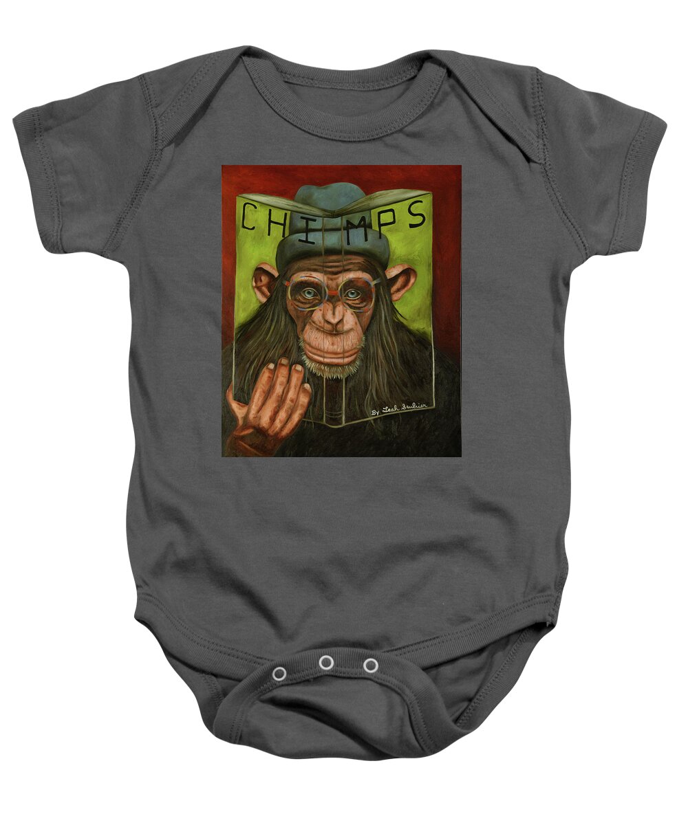 Chimp Baby Onesie featuring the painting The Book Of Chimps by Leah Saulnier The Painting Maniac