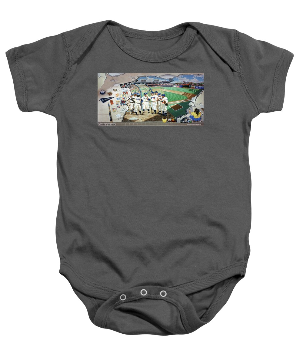 Brooklyn Dodgers Baby Onesie featuring the painting The Brooklyn Dodgers in Ebbets Field towel version by Bonnie Siracusa