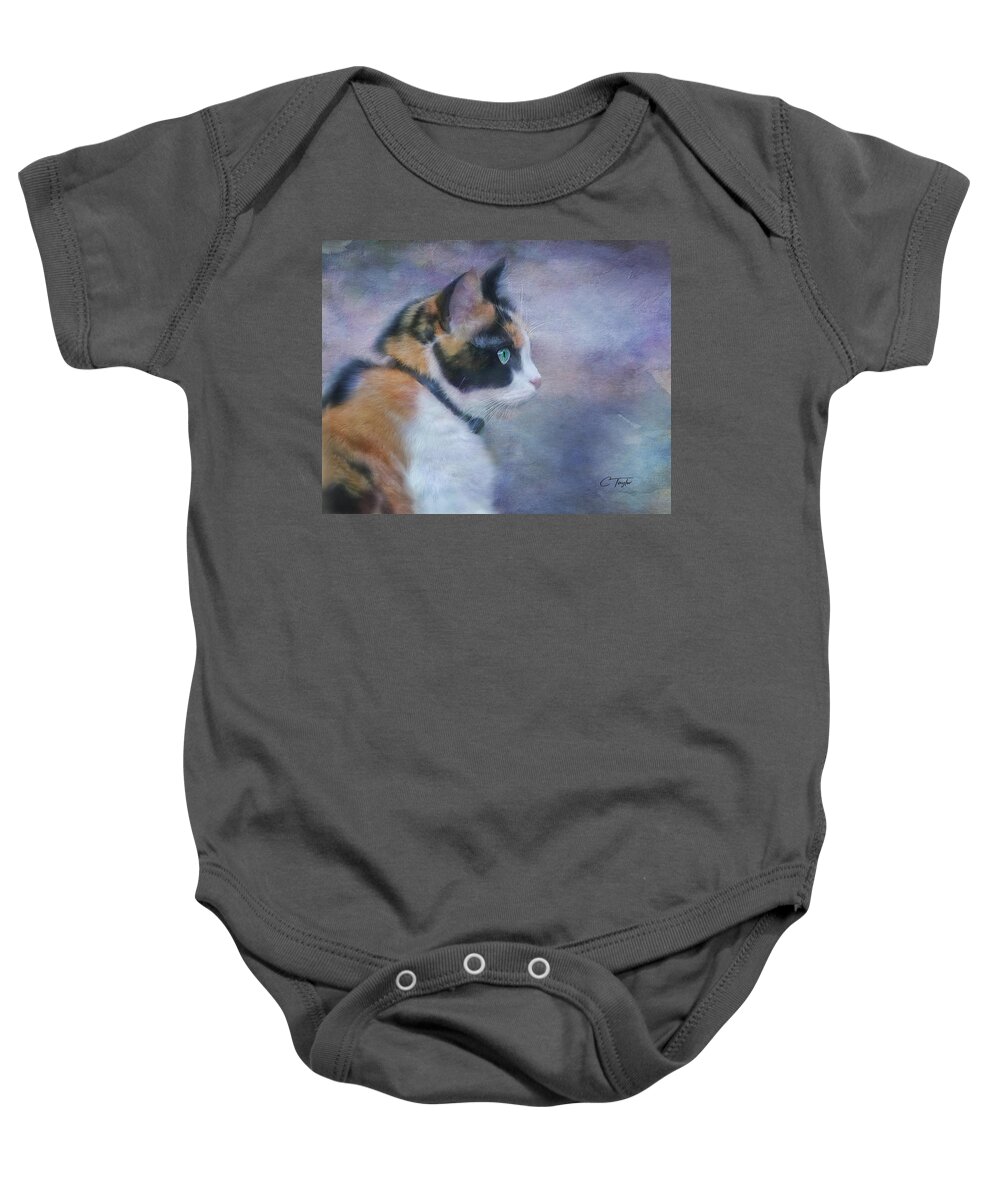 Cat Baby Onesie featuring the digital art The Calico Staredown by Colleen Taylor
