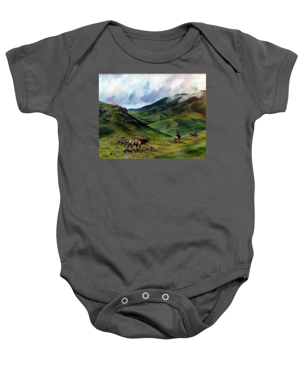 Elk Baby Onesie featuring the painting The Challenger by David Maynard
