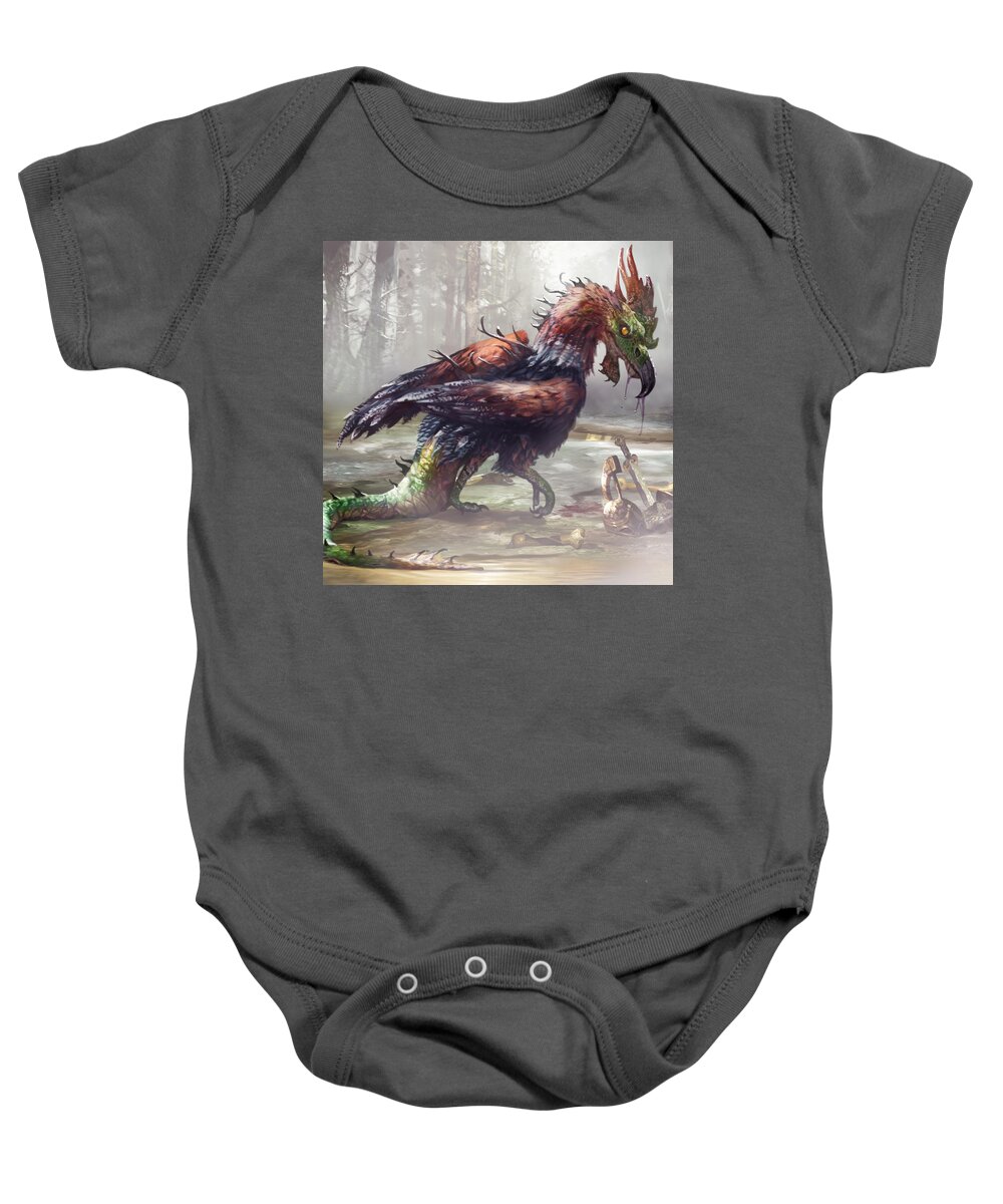 Mythology Baby Onesie featuring the digital art The Cockatrice by Ryan Barger