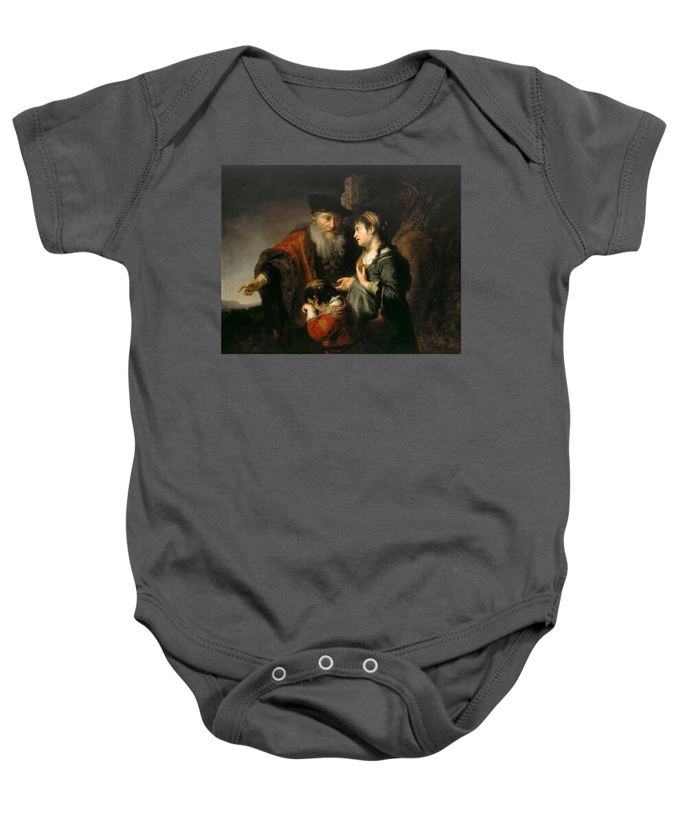 Govert Flinck Baby Onesie featuring the painting The Expulsion of Hagar by Govert Flinck