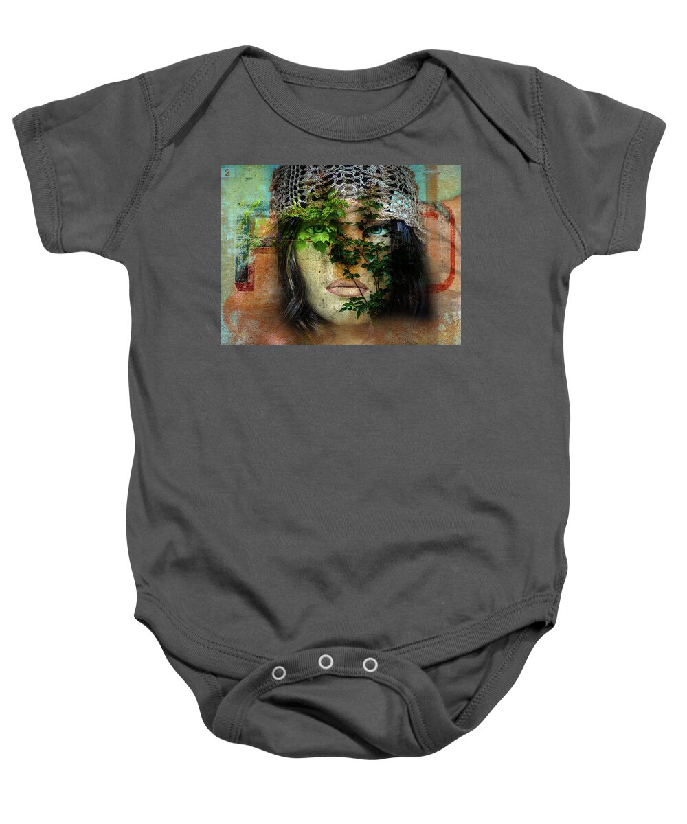 Face Baby Onesie featuring the digital art The face with the green leaves by Gabi Hampe