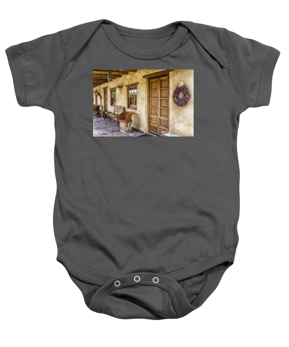 Gage Hotel Baby Onesie featuring the tapestry - textile The Gage Hotel by Kathy Adams Clark