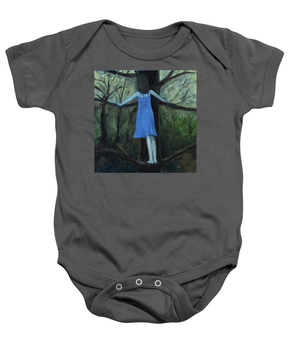 Girl Baby Onesie featuring the painting The Girl in the Blue Dress by Tone Aanderaa