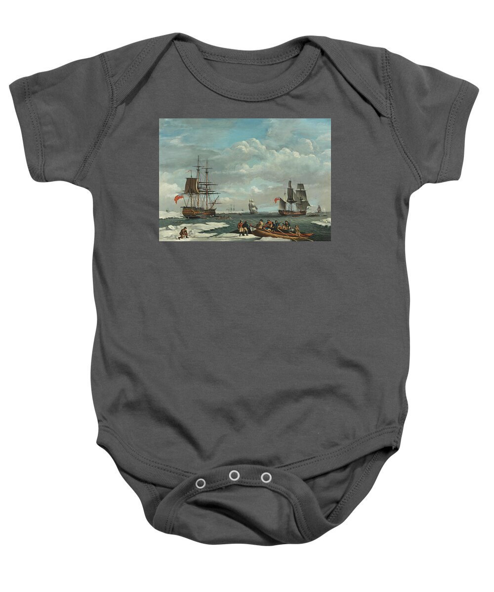 Robert Dodd Baby Onesie featuring the painting The Greenland Whale Fishery by Robert Dodd