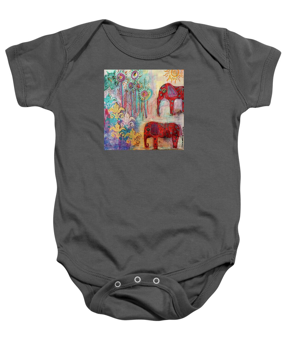 Elephants Baby Onesie featuring the mixed media The Guardians of Night and Day by Mimulux Patricia No