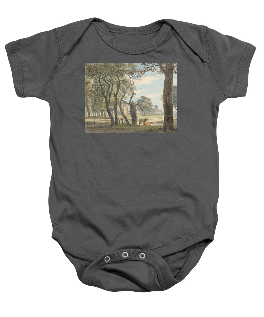 Paul Sandby Baby Onesie featuring the painting The Gunpowder Magazine, Hyde Park by Paul Sandby