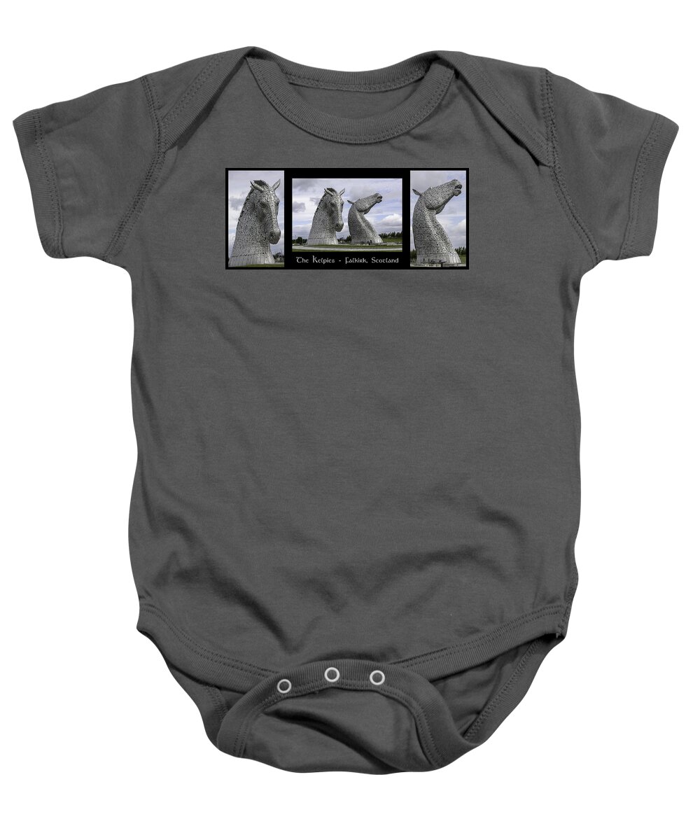 Andy Scott Baby Onesie featuring the photograph The Kelpies Tryptich by Teresa Wilson