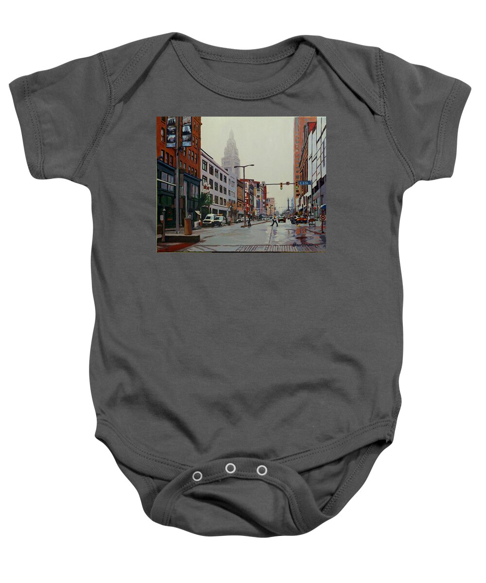 A Trip In The Inner City Baby Onesie featuring the painting The Land by David Buttram