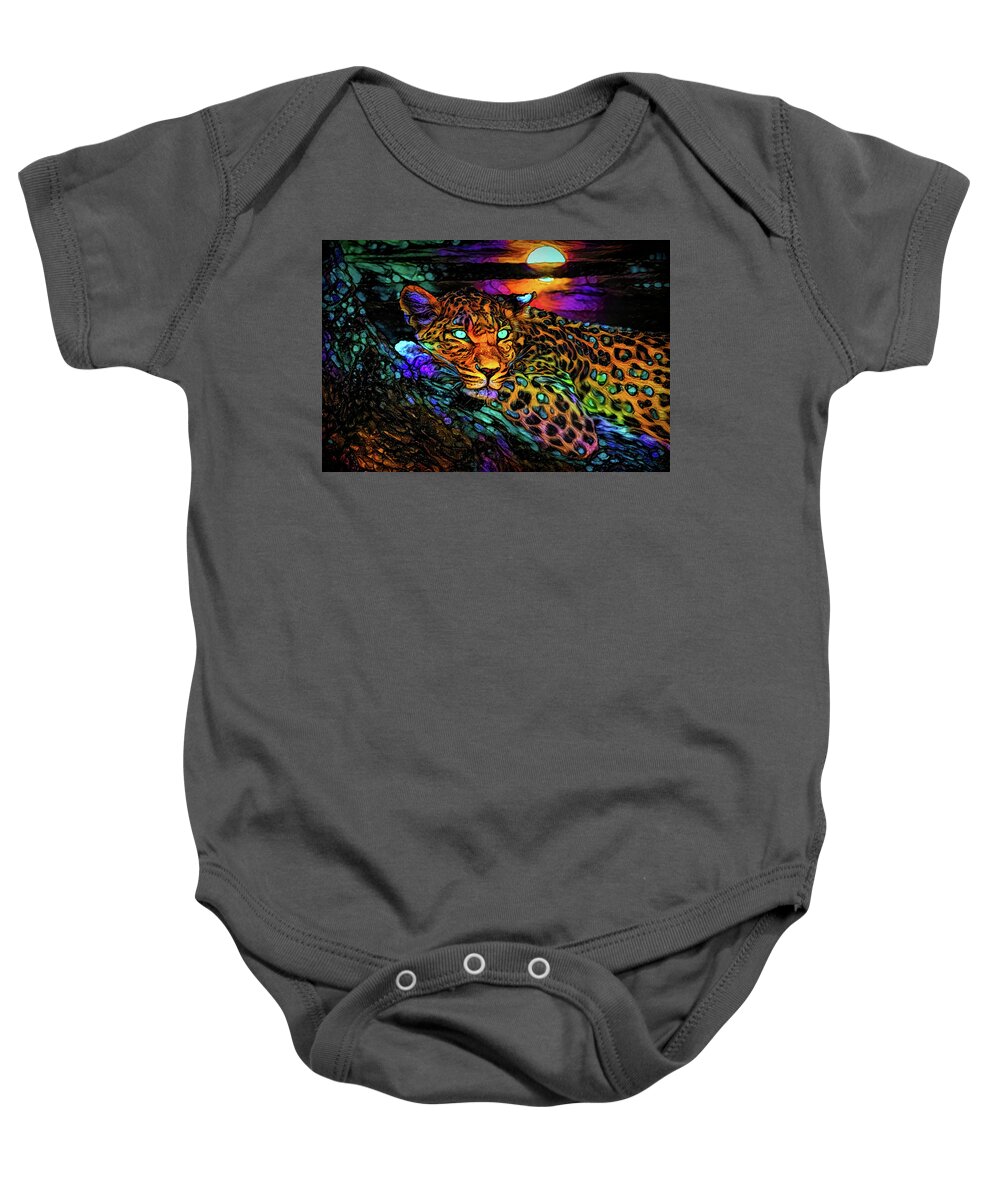 The Leopard On The Tree Baby Onesie featuring the mixed media A Leopard on the tree by Lilia S