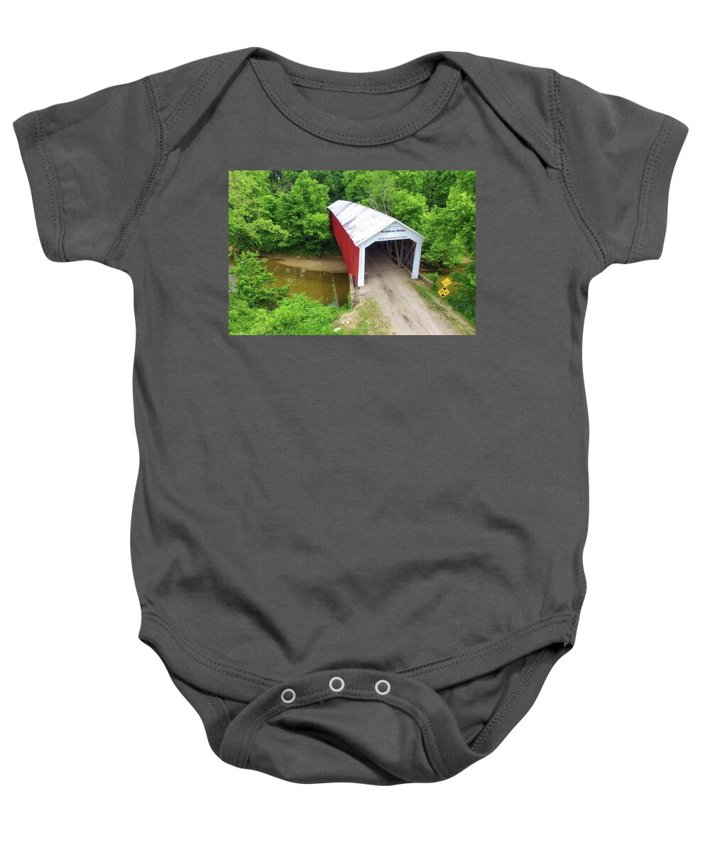 Covered Bridge Baby Onesie featuring the photograph The McAllister Covered Bridge - Ariel View by Harold Rau