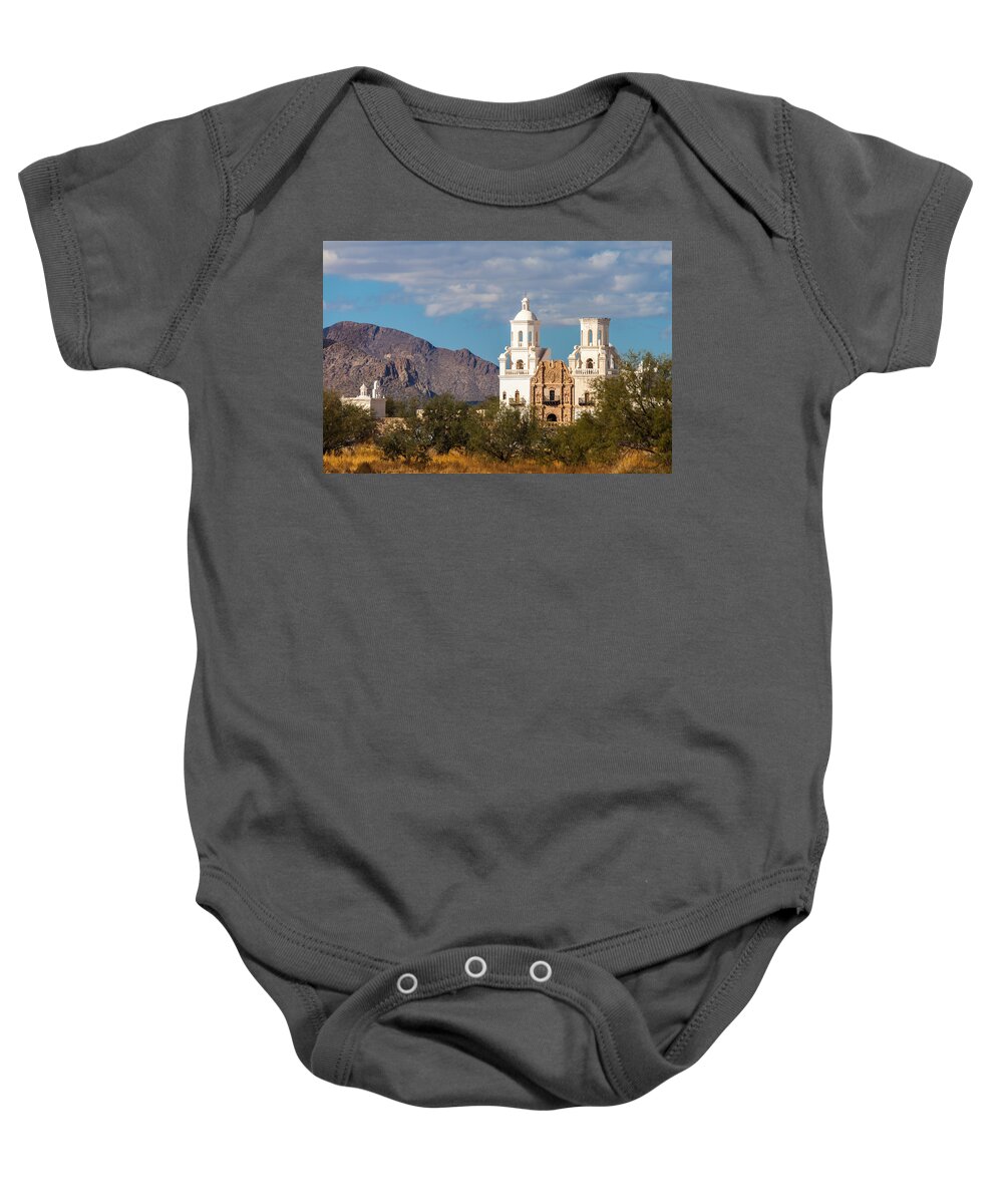 Architecture Baby Onesie featuring the photograph The Mission and the Mountains by Ed Gleichman