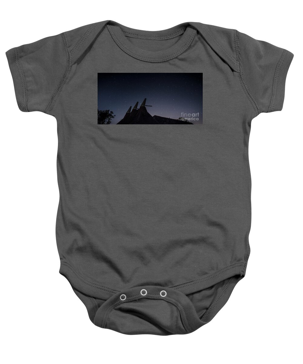 Astro Baby Onesie featuring the photograph The Night Sky, Great Dixter Oast and Barn by Perry Rodriguez