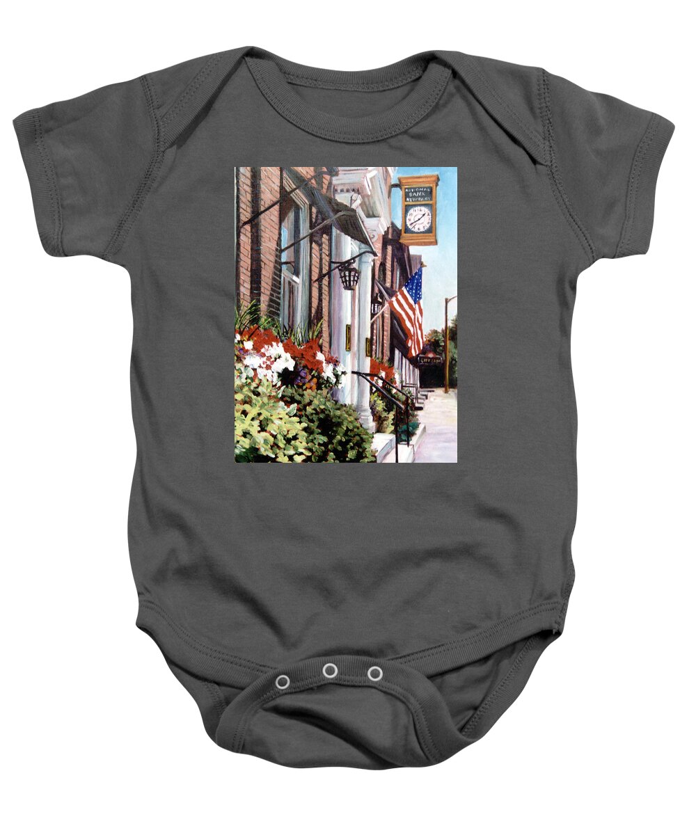 Historic Town Baby Onesie featuring the painting The Old Clock by Marie Witte