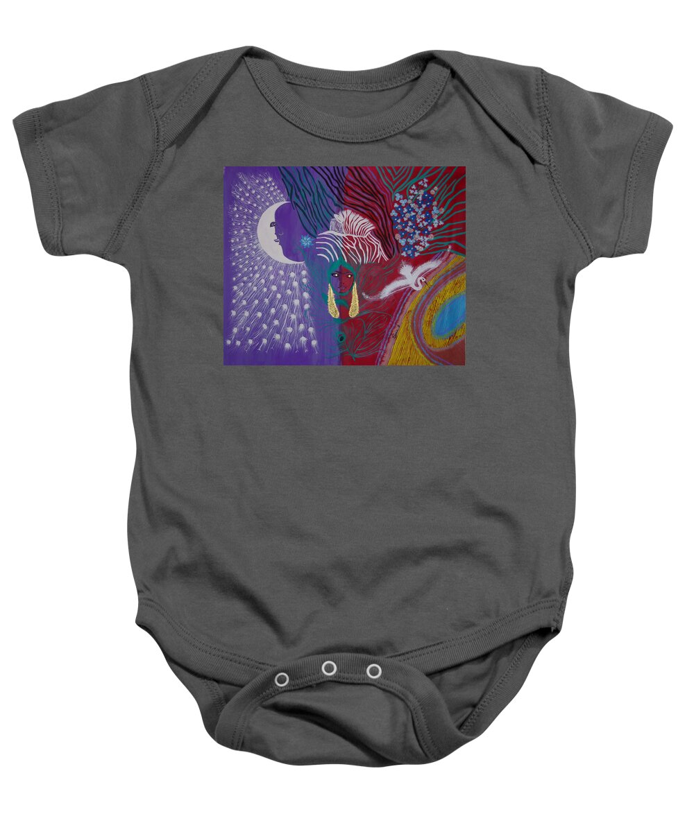 Modern Baby Onesie featuring the painting The Peacock Moon by Sima Amid Wewetzer