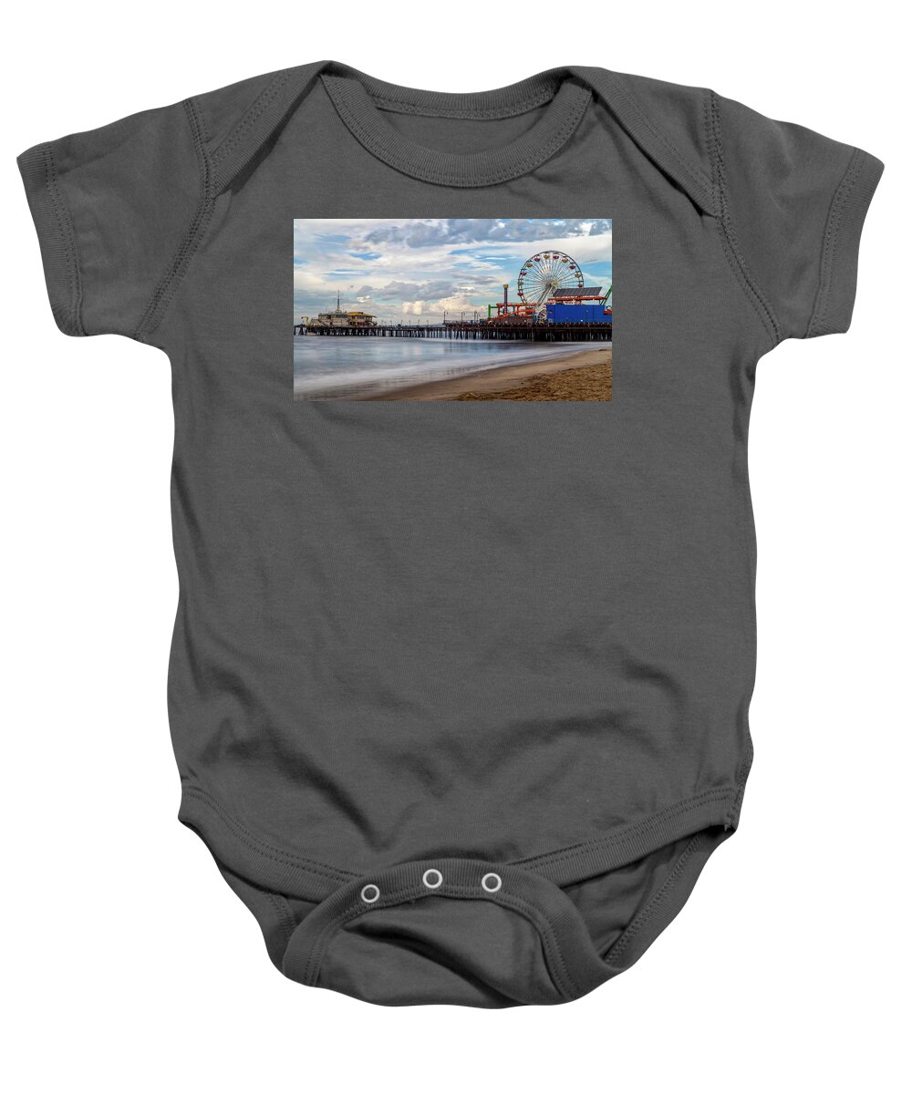 Santa Monica Pier Baby Onesie featuring the photograph The Pier On A Cloudy Day by Gene Parks