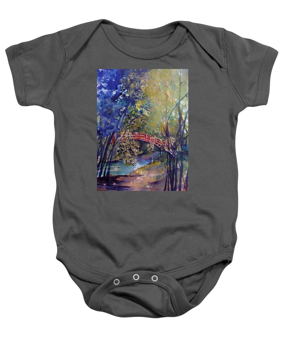 Red Bridge Baby Onesie featuring the painting The Red Bridge by Robin Miller-Bookhout
