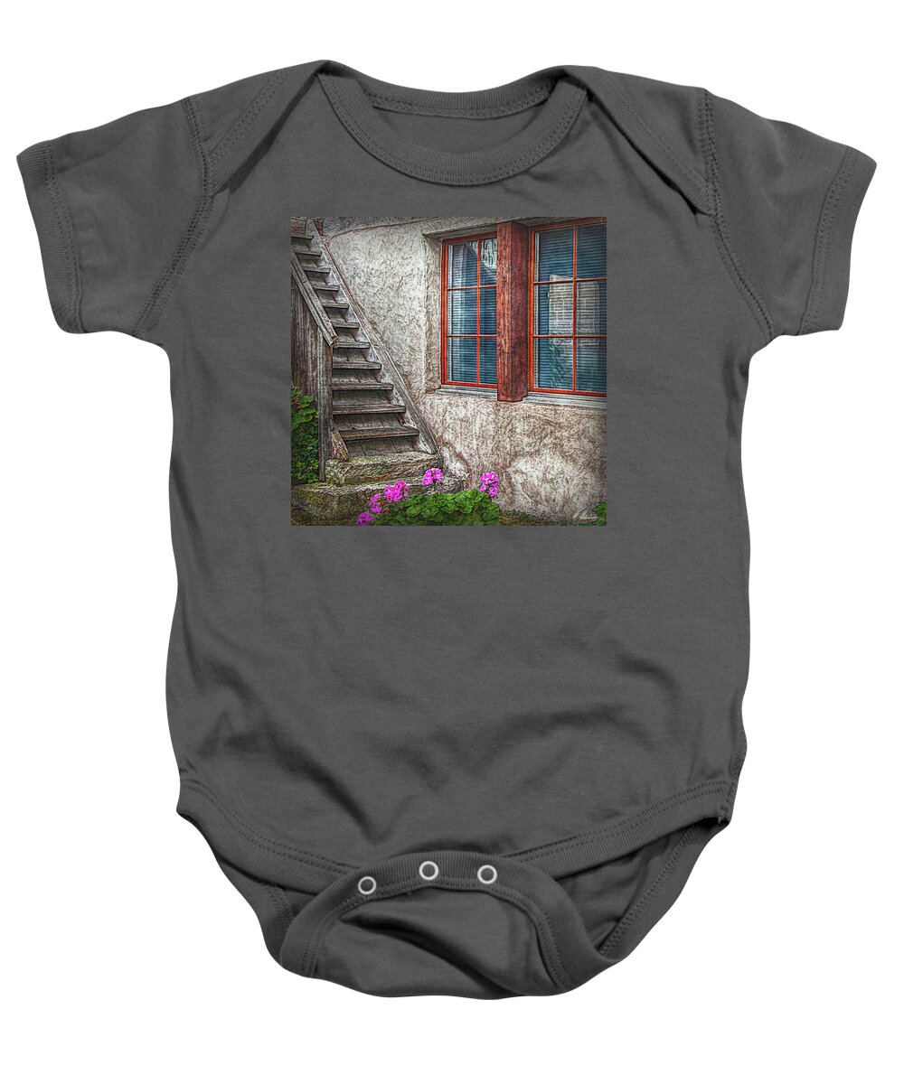 Switzerland Baby Onesie featuring the photograph The timbre Stair by Hanny Heim