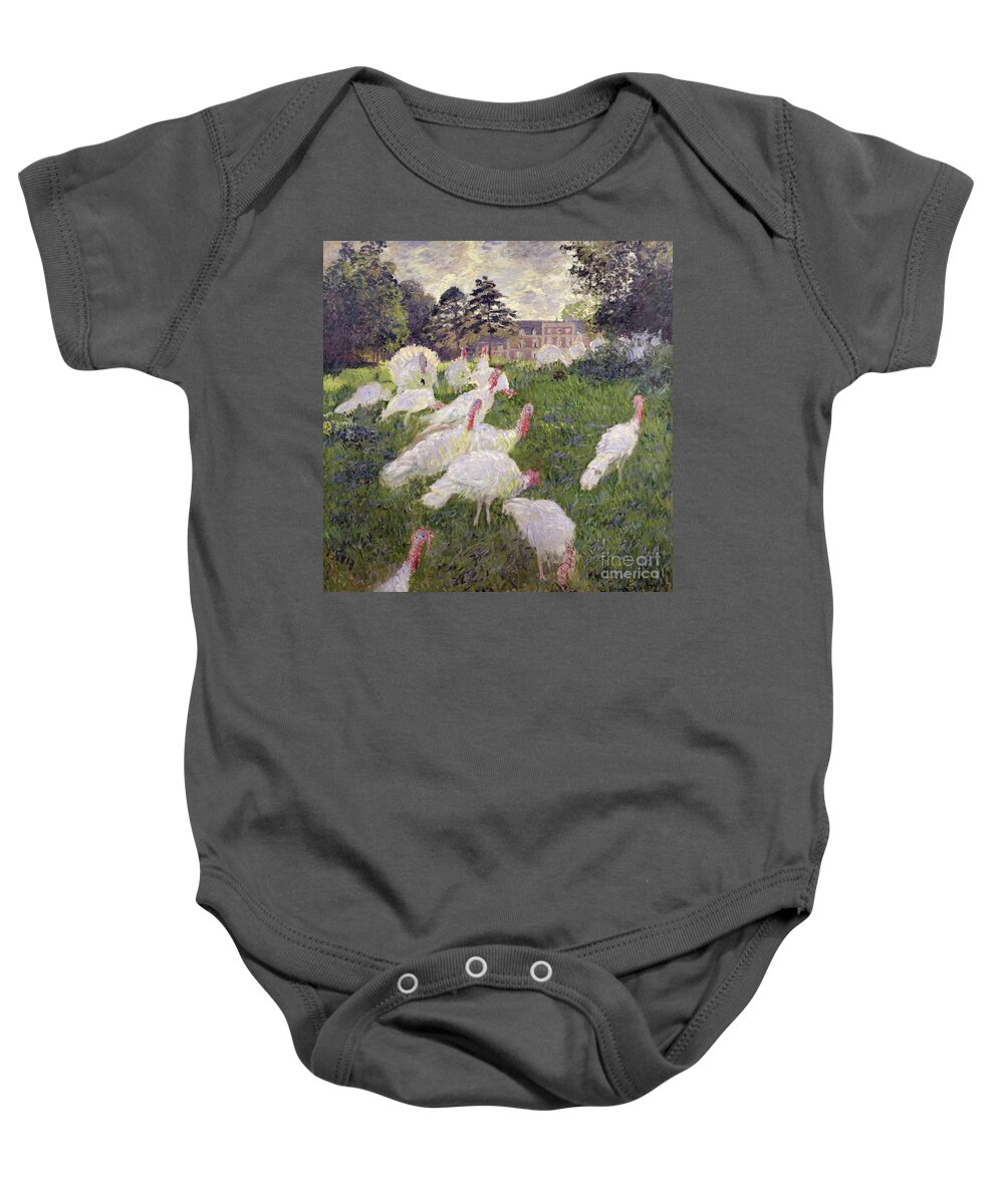 The Turkeys At The Chateau De Rottembourg Baby Onesie featuring the painting The Turkeys at the Chateau de Rottembourg by Claude Monet