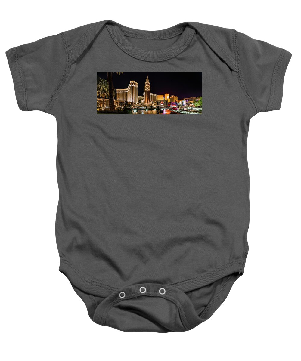 Venetian Baby Onesie featuring the photograph The Venetian Casino in Front of the Mirage Lagoon at Night by Aloha Art