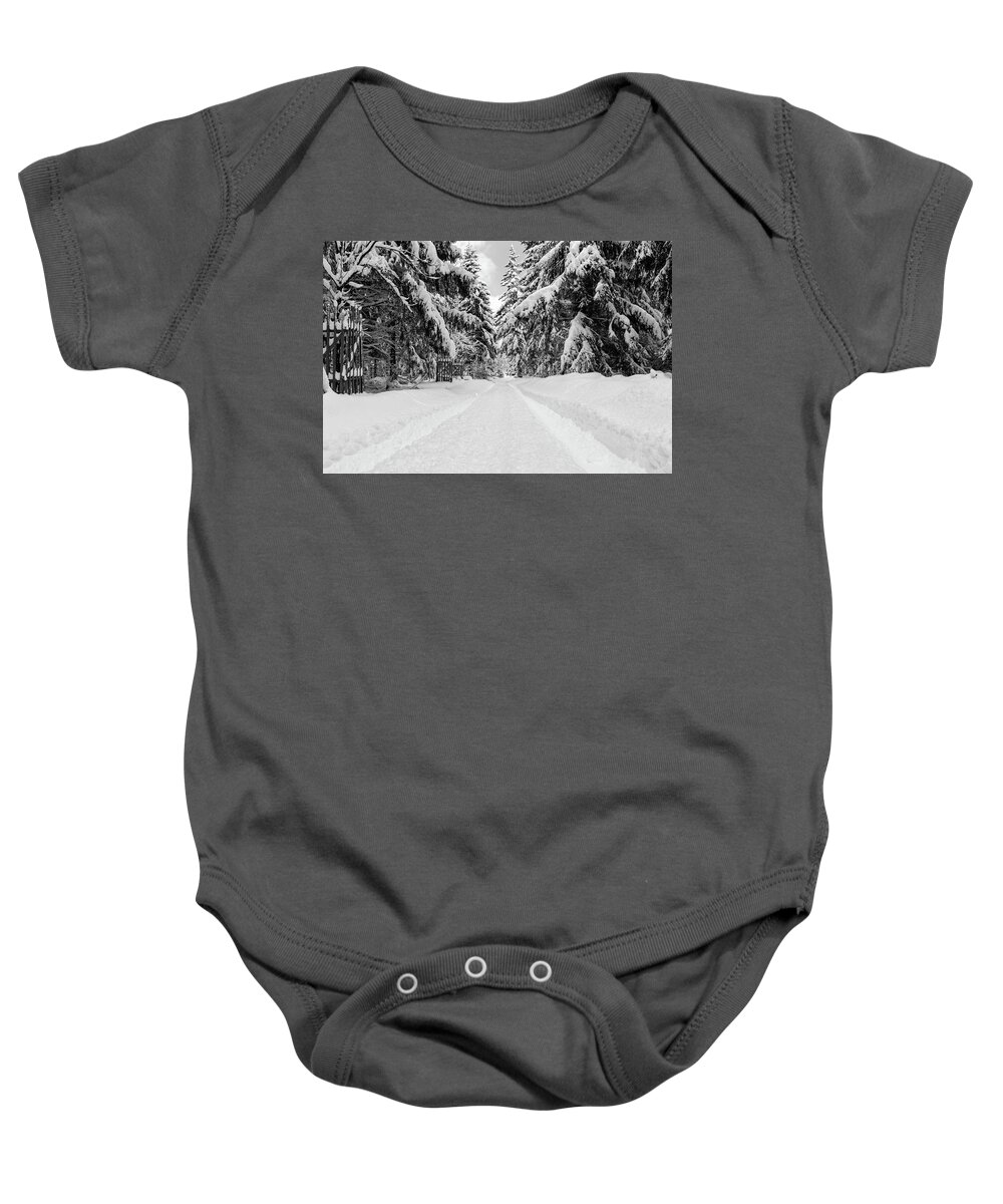 Nature Baby Onesie featuring the photograph The Way Into The Winter - Monochrome Version by Andreas Levi
