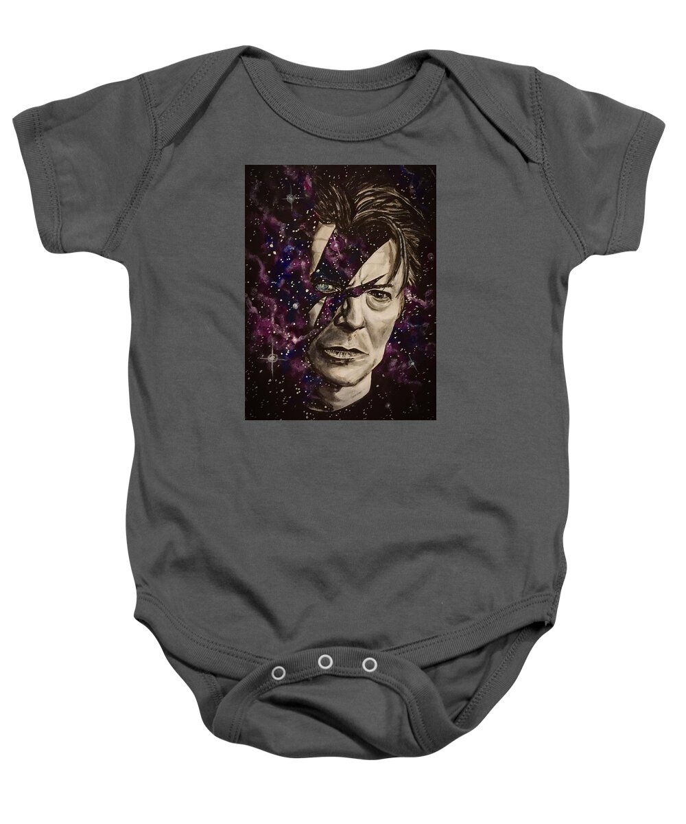 David Bowie Baby Onesie featuring the painting There's A Starman Waiting In The Sky by Joel Tesch