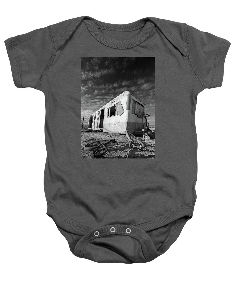 Abandoned Baby Onesie featuring the photograph Theres My Bike Black and White by Scott Campbell