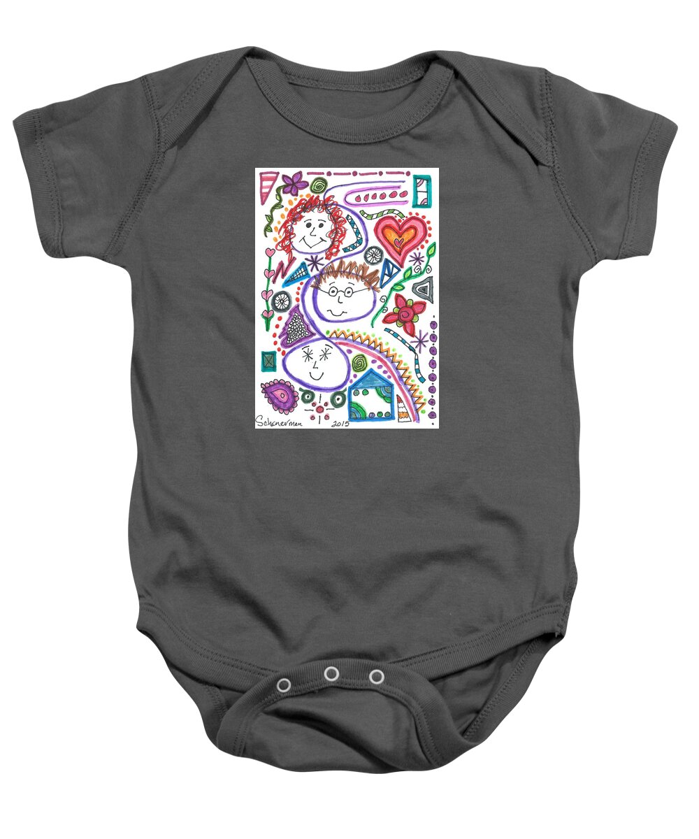 Doodle Art Baby Onesie featuring the drawing Three Amigos by Susan Schanerman