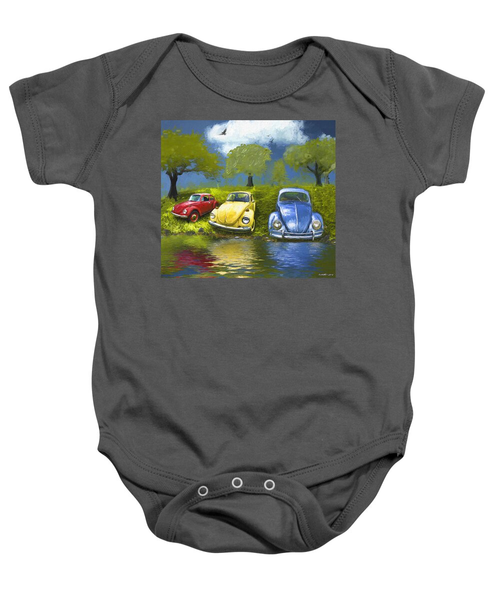 Bugs Baby Onesie featuring the digital art Three Bugs on a Hill by Ken Morris
