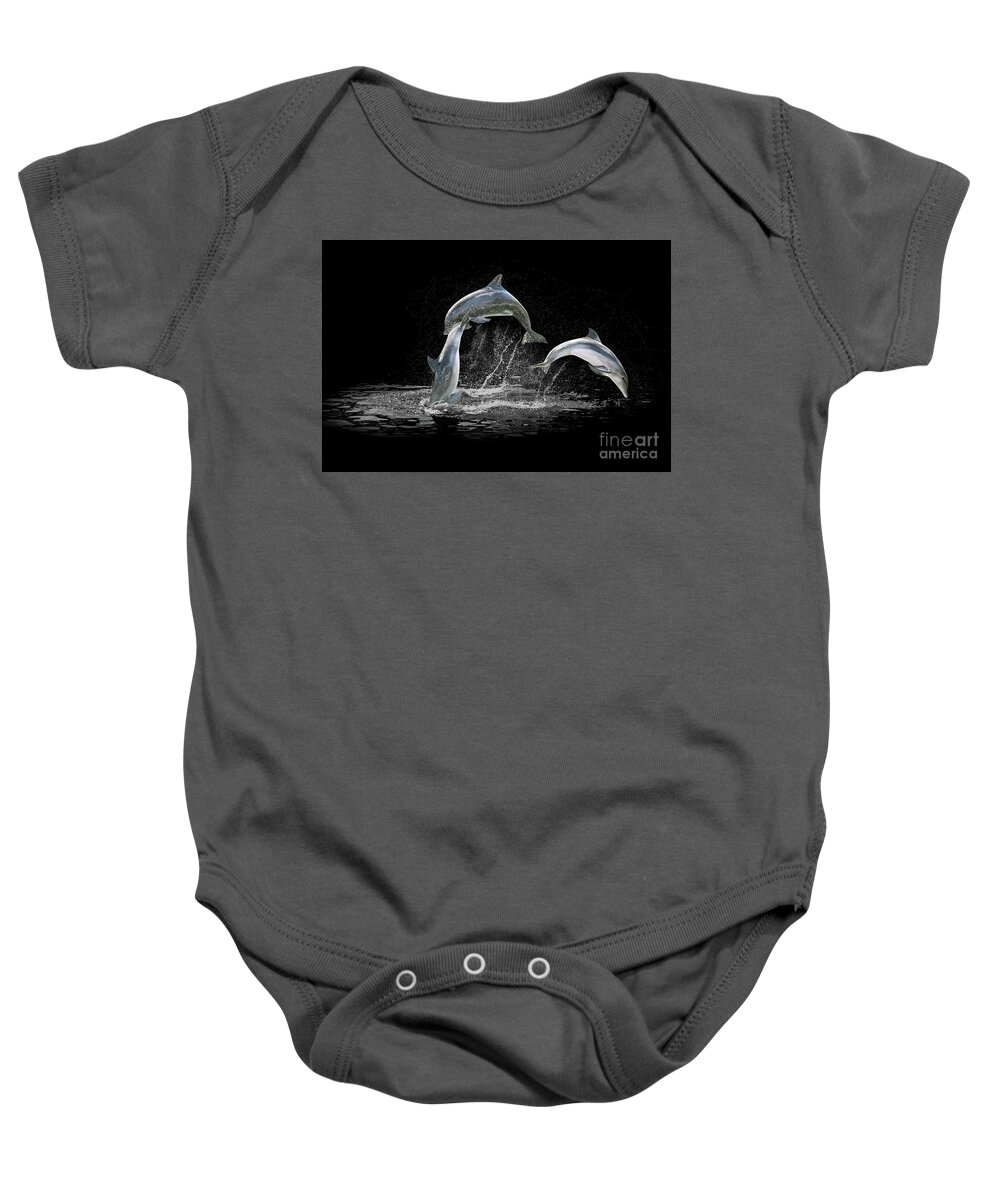 Dolphin Baby Onesie featuring the digital art Three Dolphin jumping by Benny Marty
