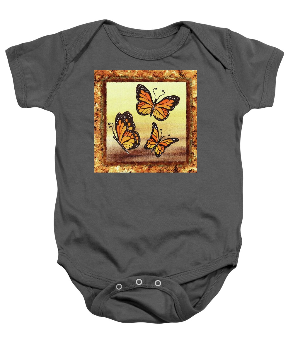 Monarch Butterfly Baby Onesie featuring the painting Three Monarch Butterflies by Irina Sztukowski