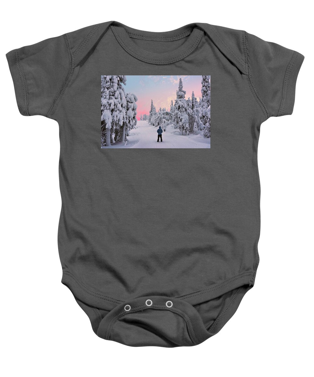 Sky Baby Onesie featuring the photograph Through a Snow Covered Forest by Roberta Kayne