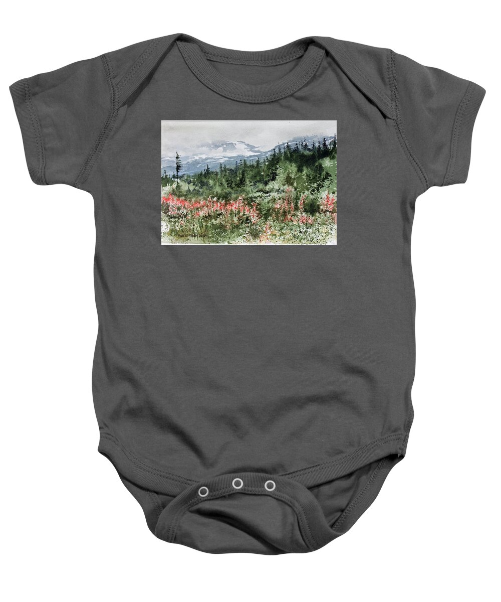 Alaska Landscape With Fireweed Baby Onesie featuring the painting Time To Go Home by Monte Toon