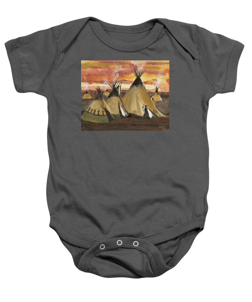 Tepee Baby Onesie featuring the painting Tepee Village by Sheila Johns