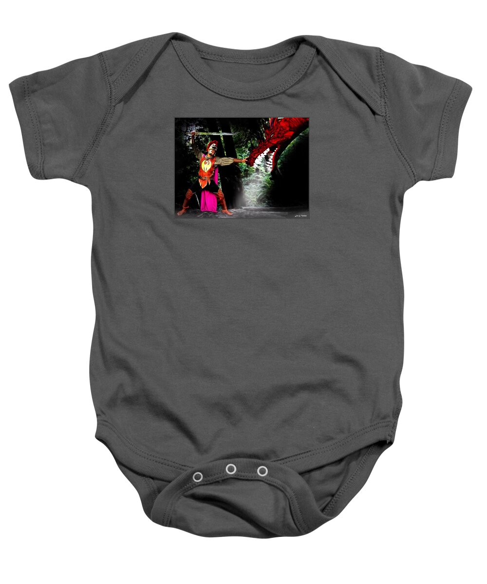 Fantasy Baby Onesie featuring the painting To Subdue A Dragon by Jon Volden
