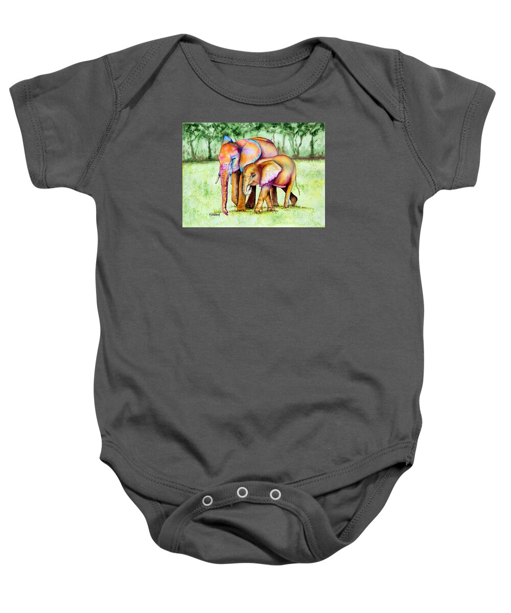 Elephants Baby Onesie featuring the painting Together Forever by Maria Barry